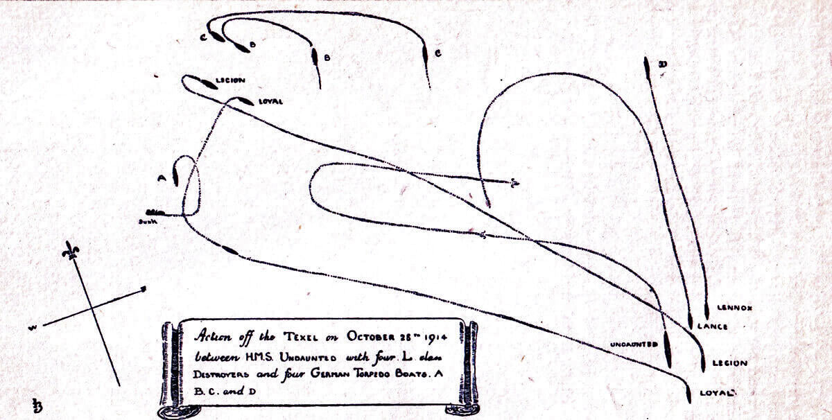 Plan of the Texel action on 17th October 1914 in the First World War, drawn by a participant: A = S119, B = S118, C = S117 and D = S115
