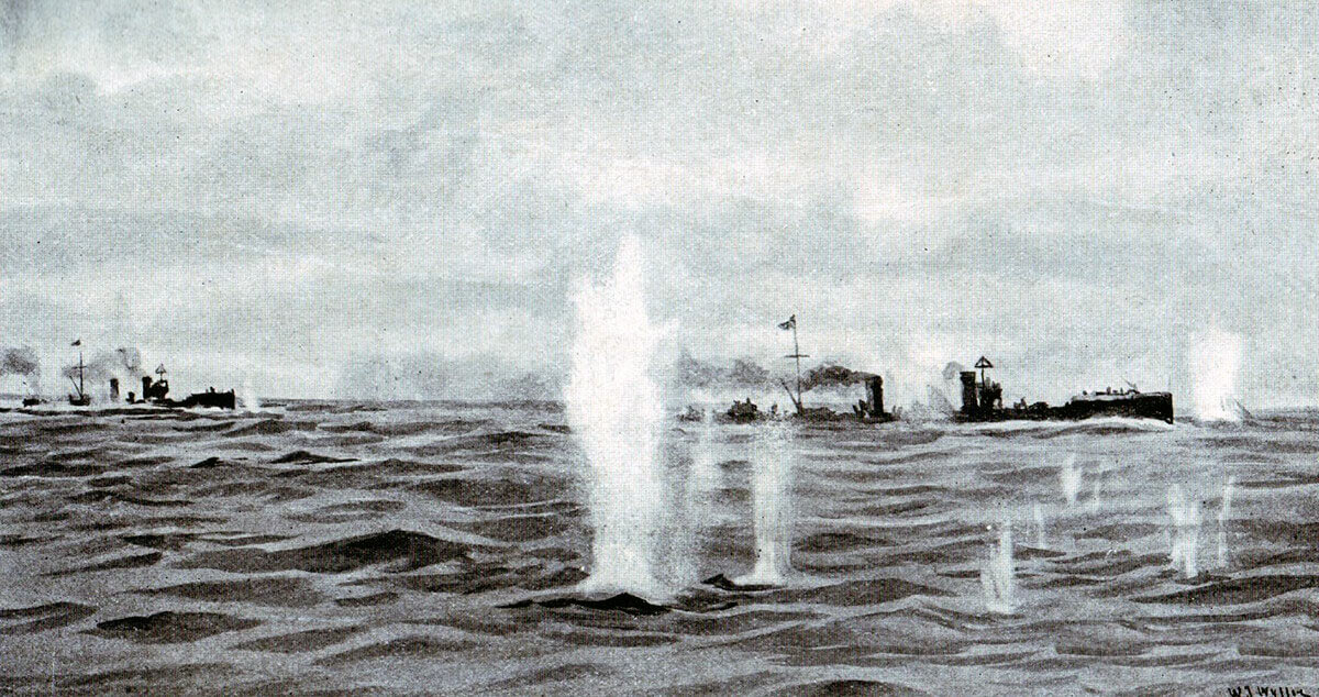 German torpedo boats under fire in the Texel action on 17th October 1914 in the First World War: picture by Lionel Wyllie