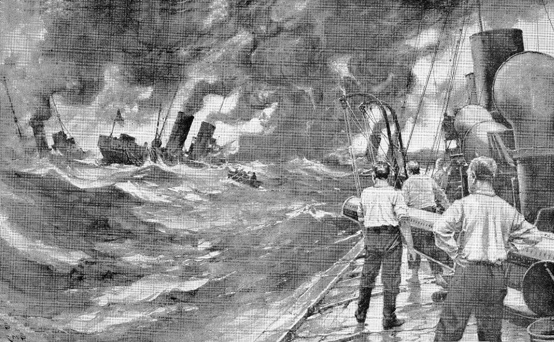Illustration of the sinking of the German torpedo boats, under the caption ‘Sunk the lot’: Texel action on 17th October 1914 in the First World War