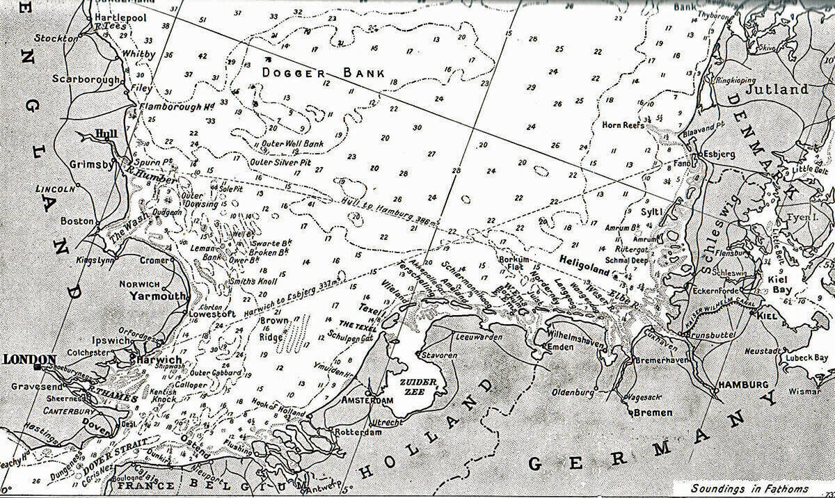 Map of the North Sea Coast of Holland and Germany showing the Dutch island of Texel where the action took place on 17th October 1914 in the First World War