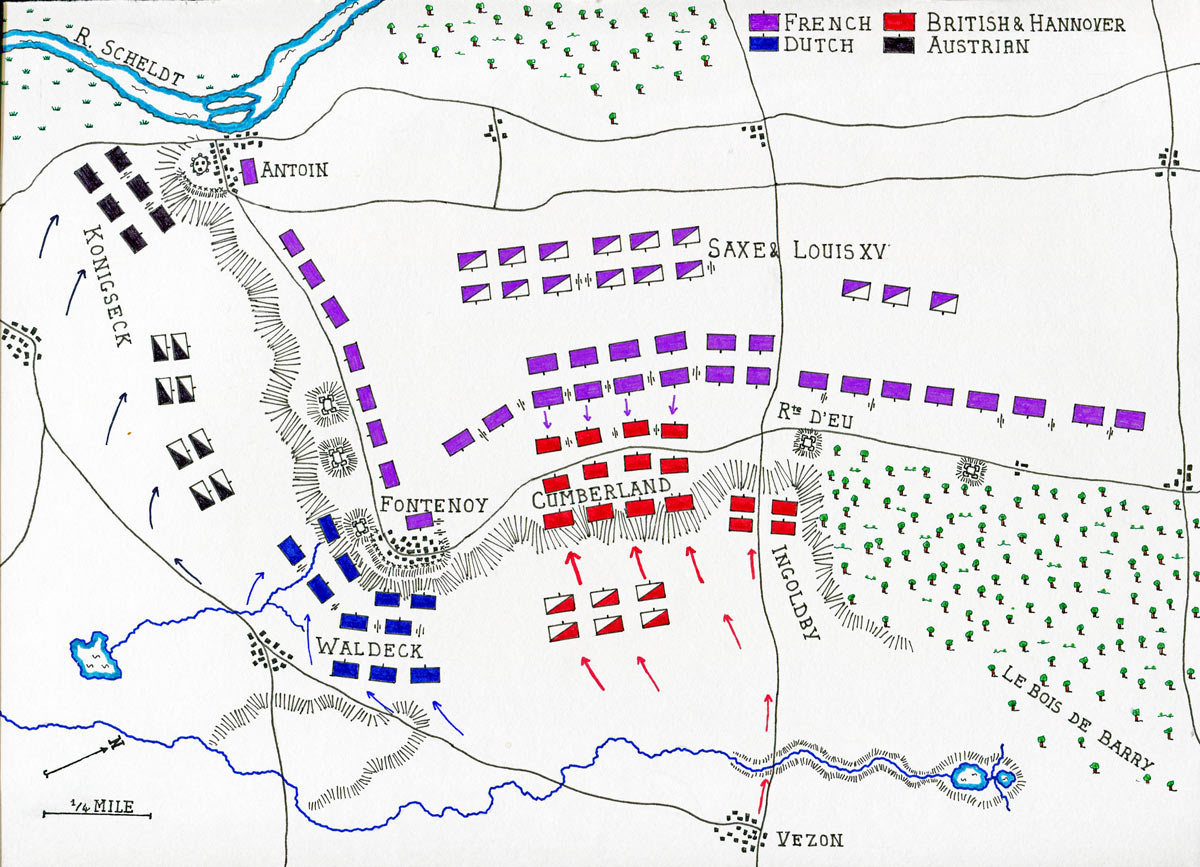 Map of the Battle of Fontenoy on 11th May 1745 in the War of the Austrian Succession: map by John Fawkes