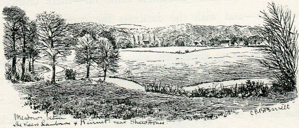 Meadows between the rivers Kennet and Lambourn at Shaw House: Second Battle of Newbury 27th October 1644 during the English Civil War: drawing by C.R.B. Barrett