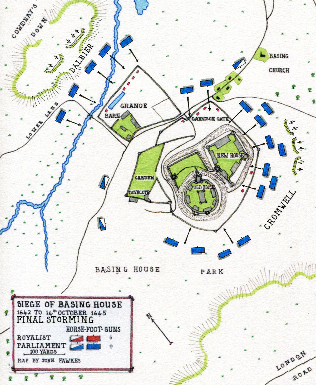 Map of the Final Storming of Basing House on 14th October 1645: Siege of Basing House 1642 to 1645 during the English Civil War: map by John Fawkes