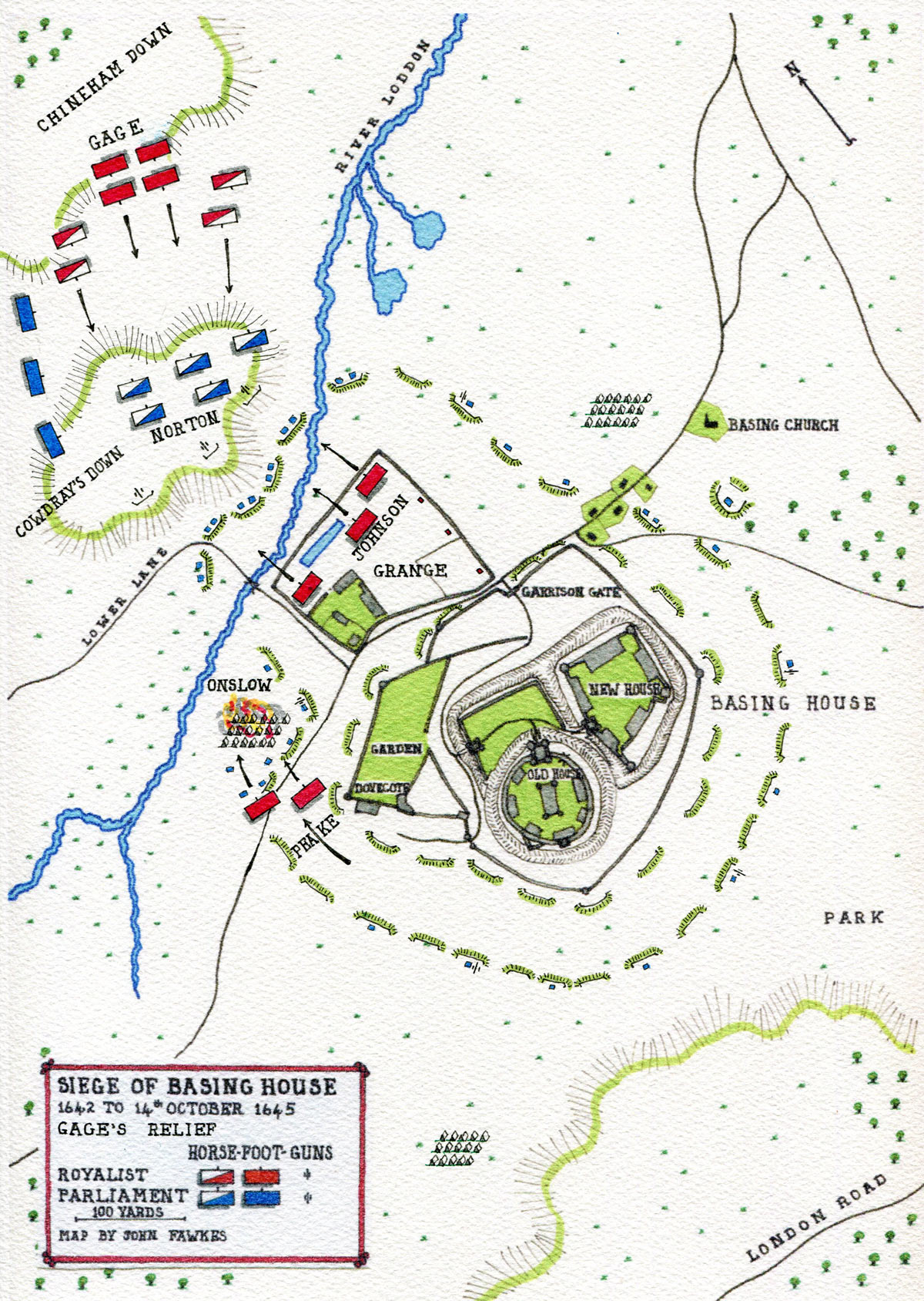 Map of Colonel Gage's Relief of Basing House: Siege of Basing House 1642 to 1645 during the English Civil War: map by John Fawkes: the scale applies to the area of the House alone. Cowdray's Down and Chineham Down are not in scale
