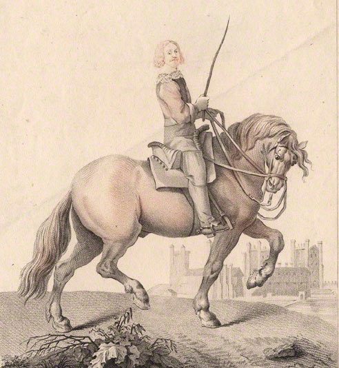 John Paulet 5th Marquess of Winchester the owner and defender of Basing House between 1642 and 1645 during the English Civil War with Basing House in the background: engraving by John Adam