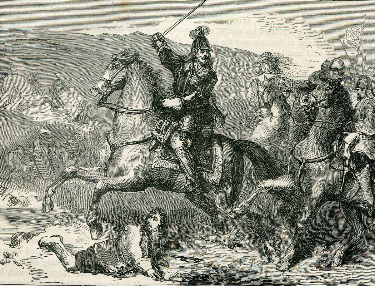King Charles I leading his Life Guard forward to the attack: Battle of Naseby 14th June 1645 during the English Civil War