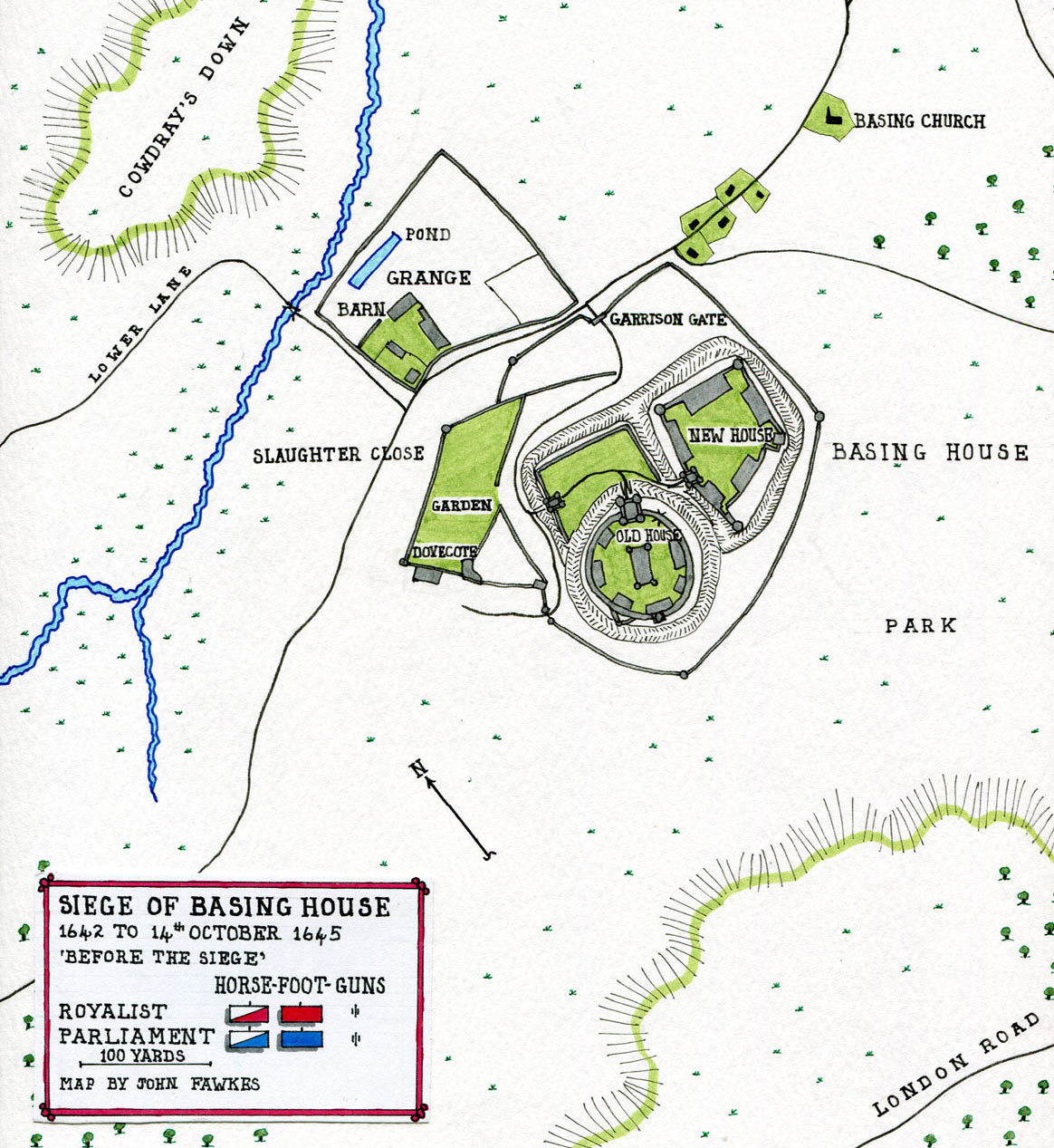 Map of Basing House: Siege of Basing House 1642 to 1645 during the English Civil War: map by John Fawkes