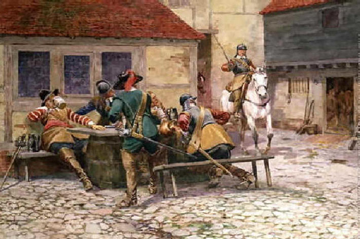 Royalist picket surprised in Naseby on 13th June 1645: Battle of Naseby 14th June 1645 during the English Civil War: picture by William Barnes Wollen
