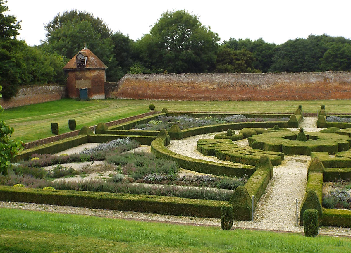 The south-west corner of the perimeter wall of Basing House showing the ornamental garden and the dovecote tower: Siege of Basing House 1642 to 1645 during the English Civil War
