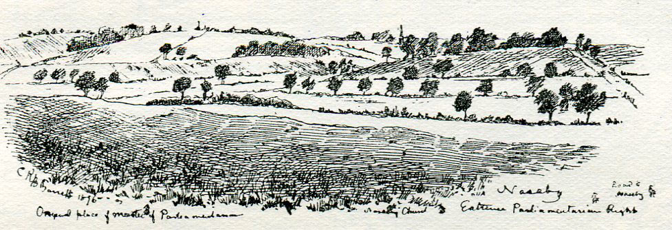 Battlefield of the Battle of Naseby 14th June 1645 during the English Civil War: drawing by C.R.B. Barrett