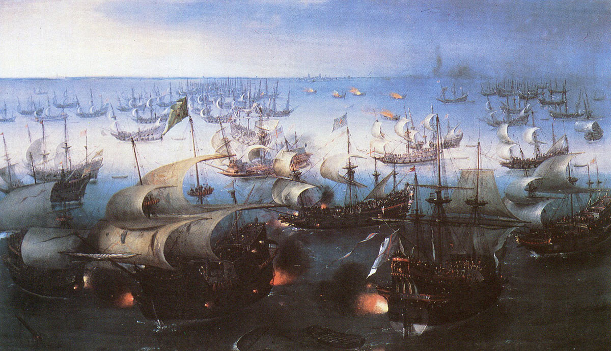 Spanish Armada June to September 1588: the decisive action off Calais; the English attack at midnight led by the eight fire ships that forced the Spanish to cut their cables and escape east up the Channel: click here to buy this picture