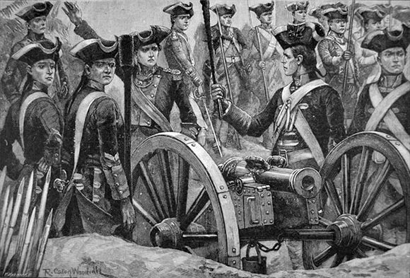English six pounder gun at the Battle of Plassey 23rd June 1757 in the Anglo-French Wars in India: picture by Richard Caton Woodville
