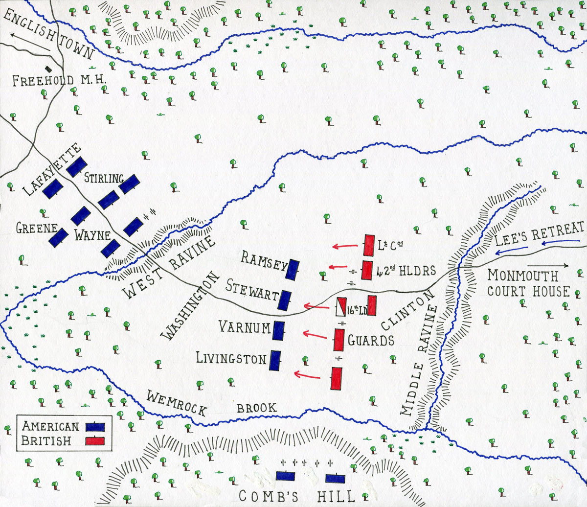 Map of Washington's advance at the Battle of Monmouth on 28th June 1778 in the American Revolutionary War: map by John Fawkes