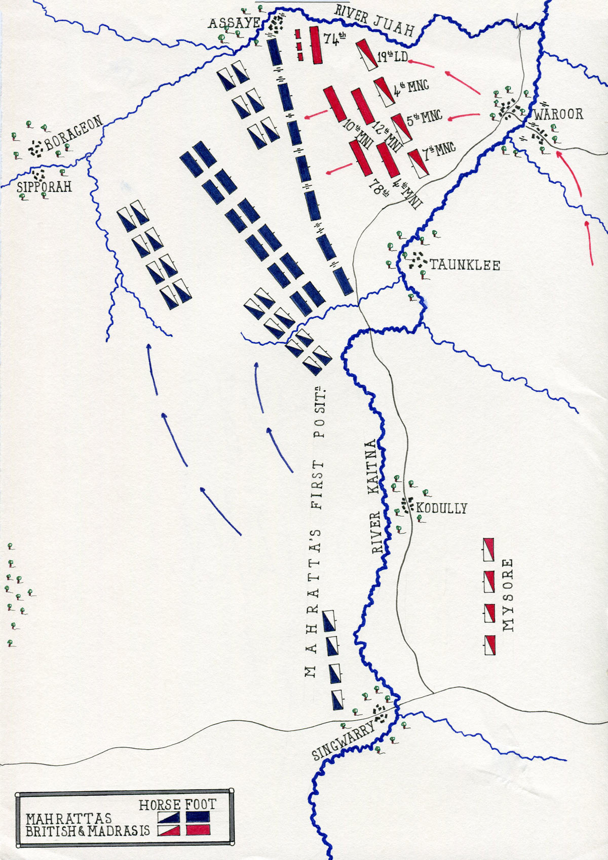 Map of the Battle of Assaye on 23rd September 1803 in the Second Mahratta War in India: map by John Fawkes