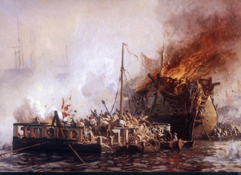 Danish floating battery and ship of the line under fire at the Battle of Copenhagen on 2nd April 1801 in the Napoleonic Wars
