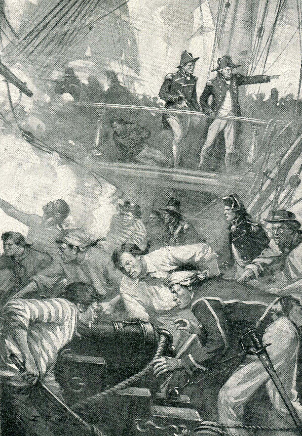Royal Navy guns in action at the Battle of Cape St Vincent on 14th February 1797 in the Napoleonic Wars: picture by E.S. Hodgson