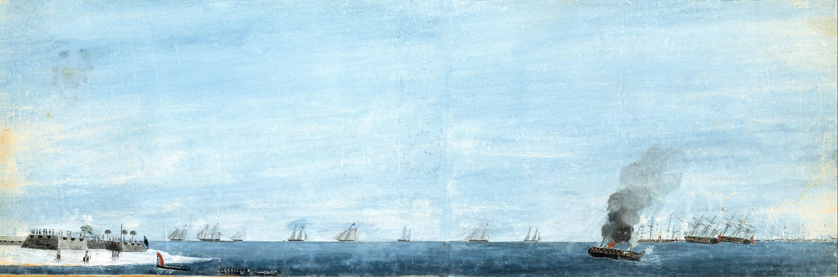 Morning after the Battle of Sullivan's Island on 28th June 1776 in the American Revolutionary War: picture by Henry Grey an American officer present in Fort Sullivan and wounded during the battle: HMS Actaeon burning in the foreground