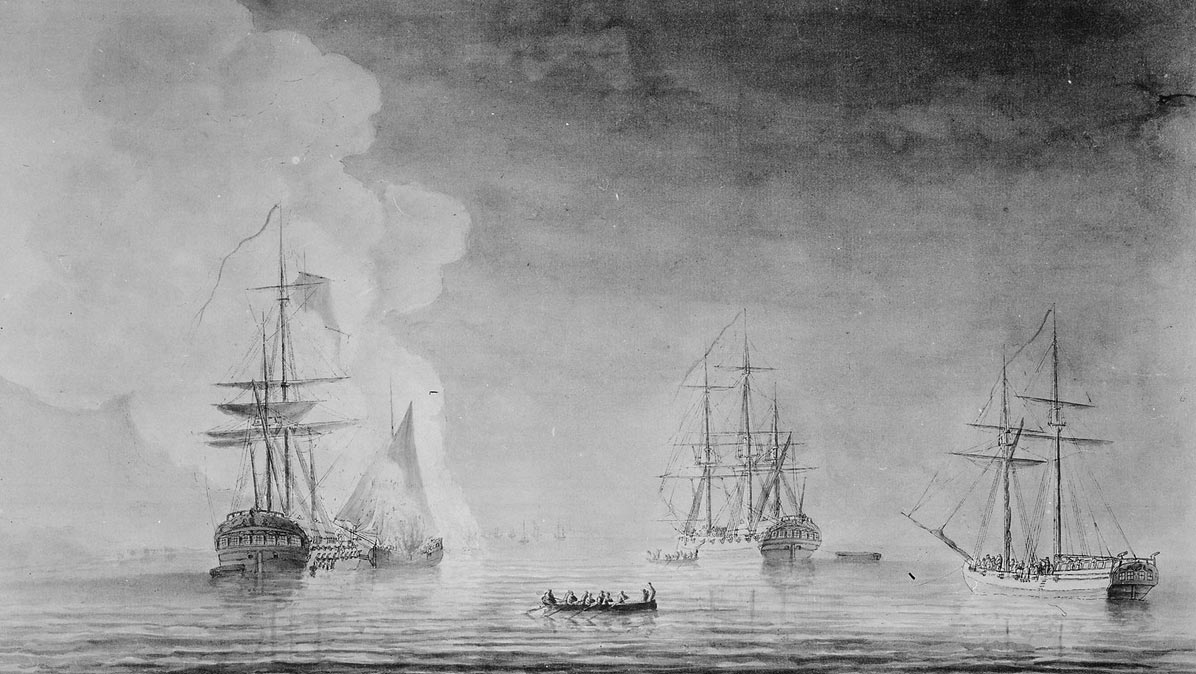 British ships HMS Phoenix and Rose with galleys: Siege of Savannah, September and October 1779 during the American Revolutionary War