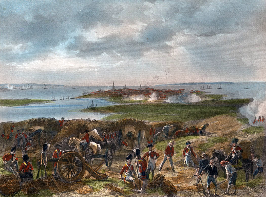 British siege works on the Neck during the siege of Charleston April and May 1780 in the American Revolutionary War: Charleston lies in the distance; the American defensive line on the Neck is marked by the gun shots: the American ships lie in the mouth of the Cooper River in the middle left with the British ships in the background and in the entrance to the Ashley River on the right.