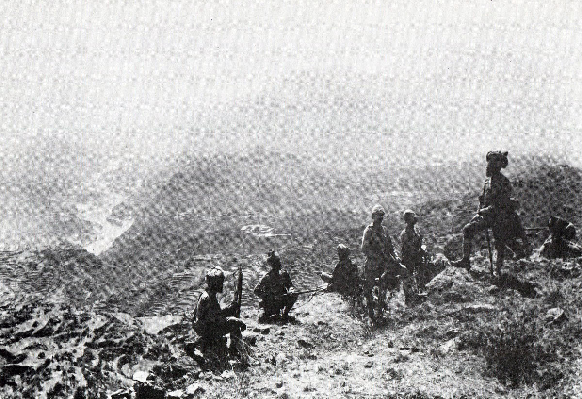 British and Sikh soldiers on Diliarai Heights: Black Mountain Expedition, 1st March 1891 to 29th May 1891 on the North-West Frontier in India