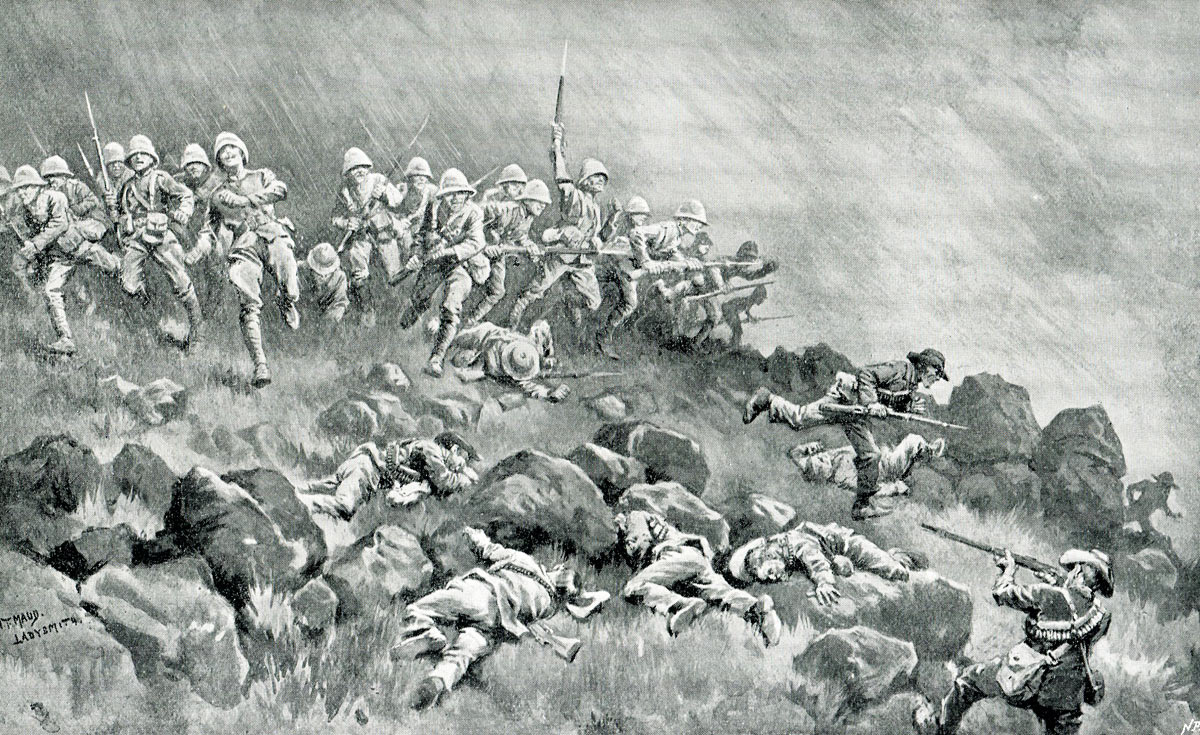 The Devons clearing the top of Wagon Hill: Siege of Ladysmith, 2nd November 1899 to 27th February 1900 in the Great Boer War: picture by W.T. Maud