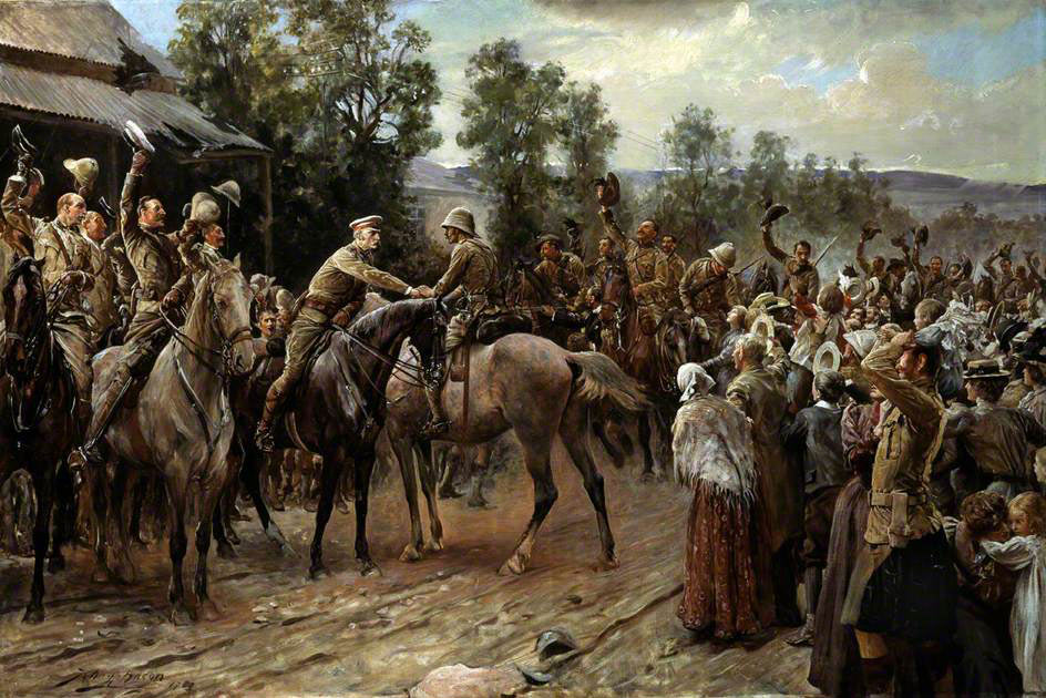 General Sir George White greets General Buller on the relief of Ladysmith: Siege of Ladysmith, 2nd November 1899 to 27th February 1900 in the Great Boer War: picture by John Henry Frederick Bacon