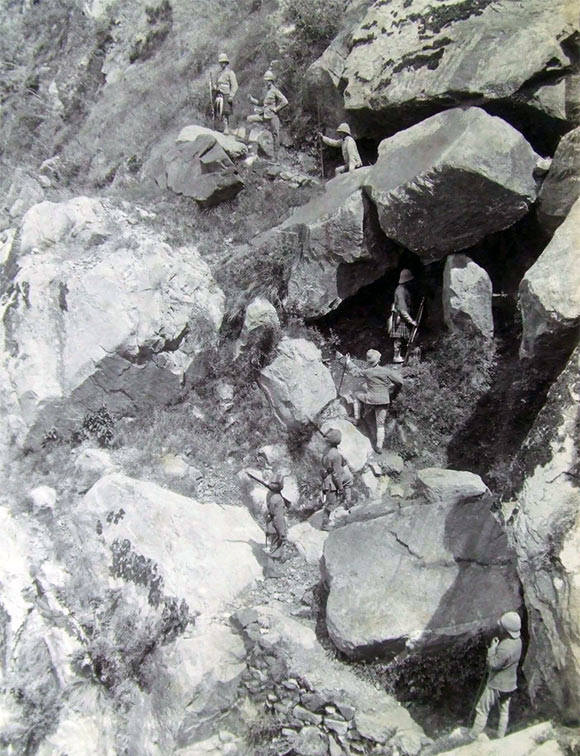 Seaforth Highlanders and Indian troops moving up into the mountains: Black Mountain Expedition, 1st March 1891 to 29th May 1891 on the North-West Frontier in India