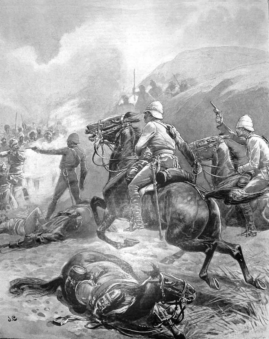 The rescue of Palmer and Greaves by Colonel Adams and Viscount Fincastle, who both won the VC: Malakand Rising, 26th July to 22nd August 1897 on the North-West Frontier of India