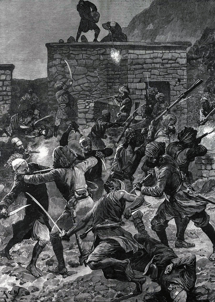 The Ghazi attack on 4th Sikhs in Ghazicot on 19th March 1891: Black Mountain Expedition, 1st March 1891 to 29th May 1891 on the North-West Frontier in India: picture by Richard Caton Woodville: buy this picture