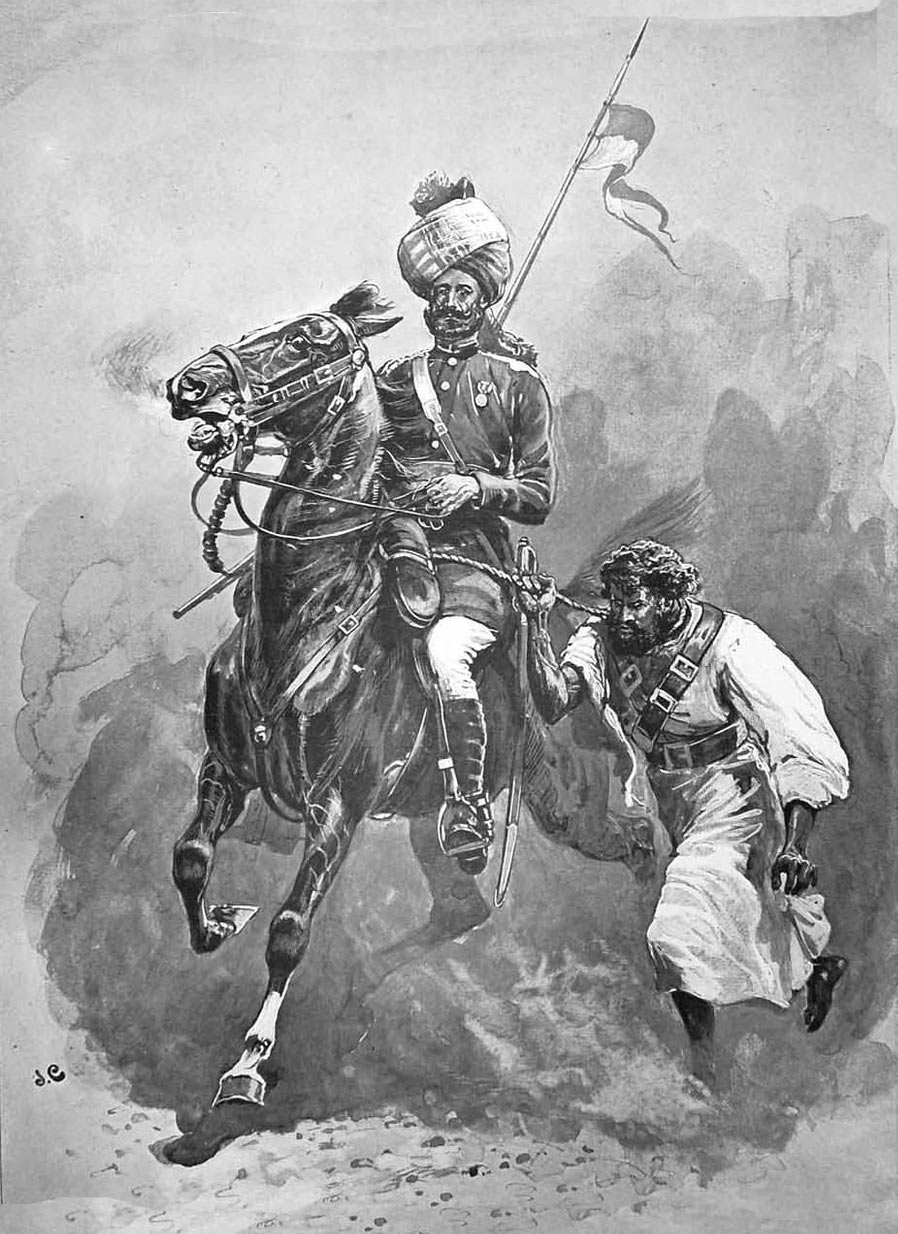 13th Bengal Lancer bringing in a Pathan prisoner: Mohmand Field Force, 7th August to 1st October 1897, North-West Frontier of India: picture by John Charlton