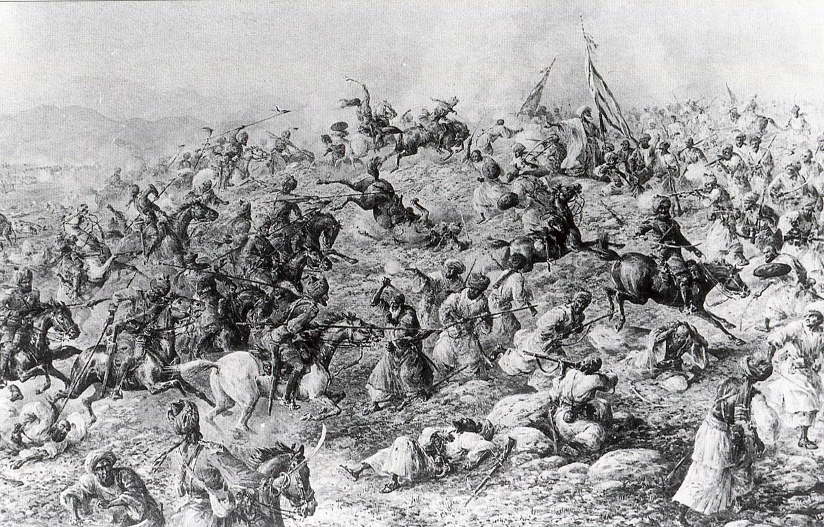 13th Bengal Lancers charging the Hadda Mulla’s tribesmen at Shabkadar: Mohmand Field Force, 7th August to 1st October 1897, North-West Frontier of India: picture by Edmund Hobday