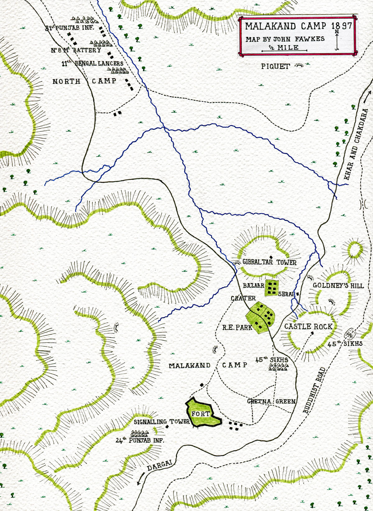 Map of Malakand Camp: Malakand Rising, 26th July to 22nd August 1897 on the North-West Frontier of India: map by John Fawkes