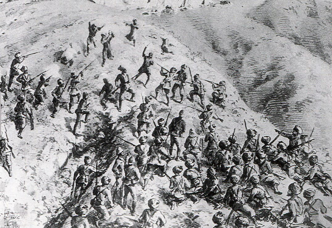 Attack on 24th Punjab Infantry by the Bunerwal ghazis at Landakai on 17th August 1897: Malakand Rising, 26th July to 22nd August 1897 on the North-West Frontier of India: drawing by Edmund Hobday