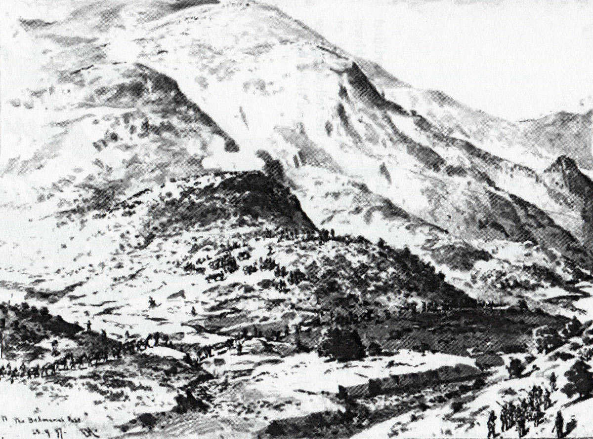 The Mohmand Field Force entering the Bedmanai Pass: Mohmand Field Force, 7th August to 1st October 1897, North-West Frontier of India: drawing by Edmund Hobday