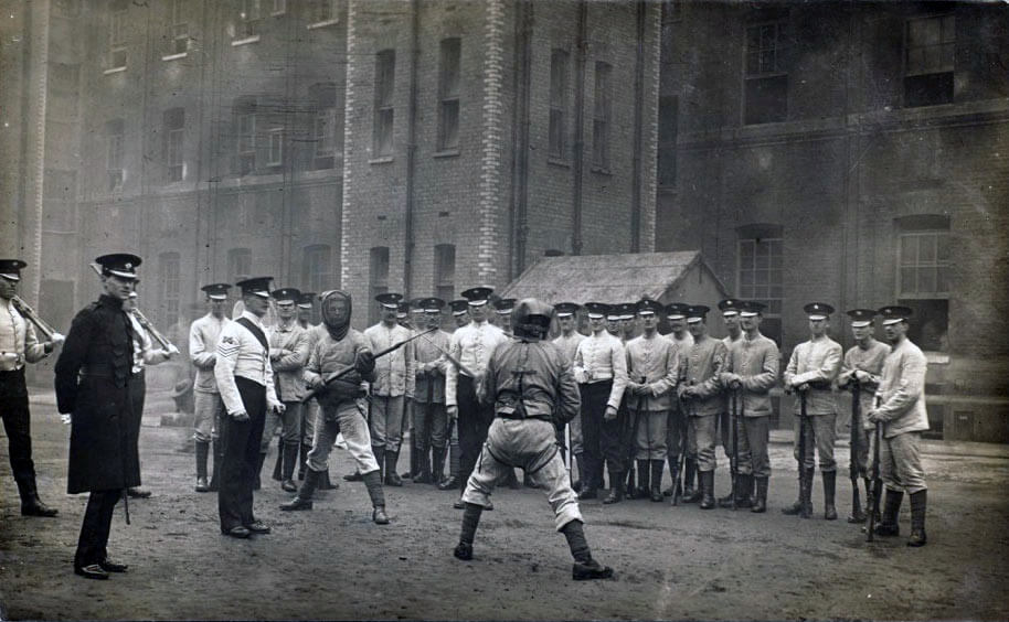 Irish Guards practising bayonet fighting at Wellington Barracks in 1914, before leaving for France: Battle of Villers Cottérêts on 1st September 1914 in the First World War