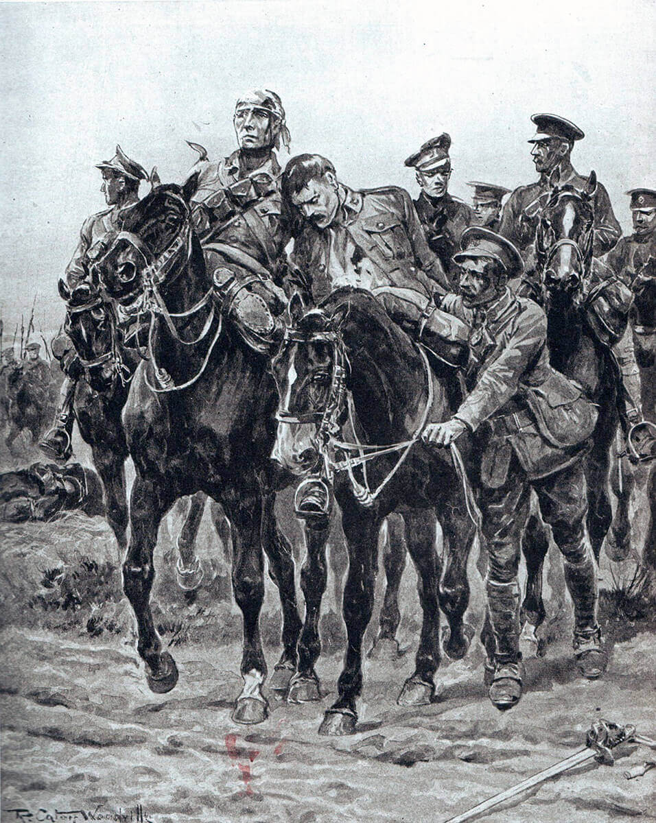 British Cavalry returning from a charge: First Day of the Retreat from Mons and the Battle around Elouges and Audregnies, fought on 24th August 1914 in the First World War: picture by Richard Caton Woodville