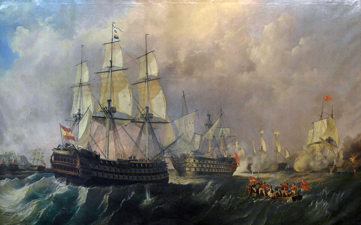 Infante Don Pelayo supporting Santissima Trinidad under attack by British ships at the Battle of Cape St Vincent on 14th February 1797 in the Napoleonic Wars