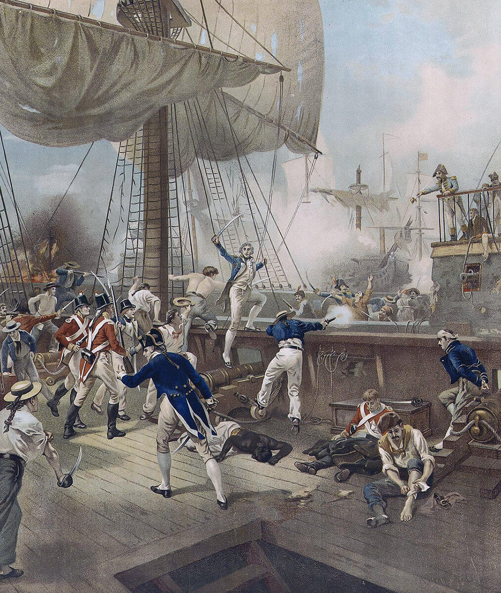 'All Hands to Board': Nelson boarding the San Nicolas at the Battle of Cape St Vincent on 14th February 1797 in the Napoleonic Wars: picture by Robert Hillingford