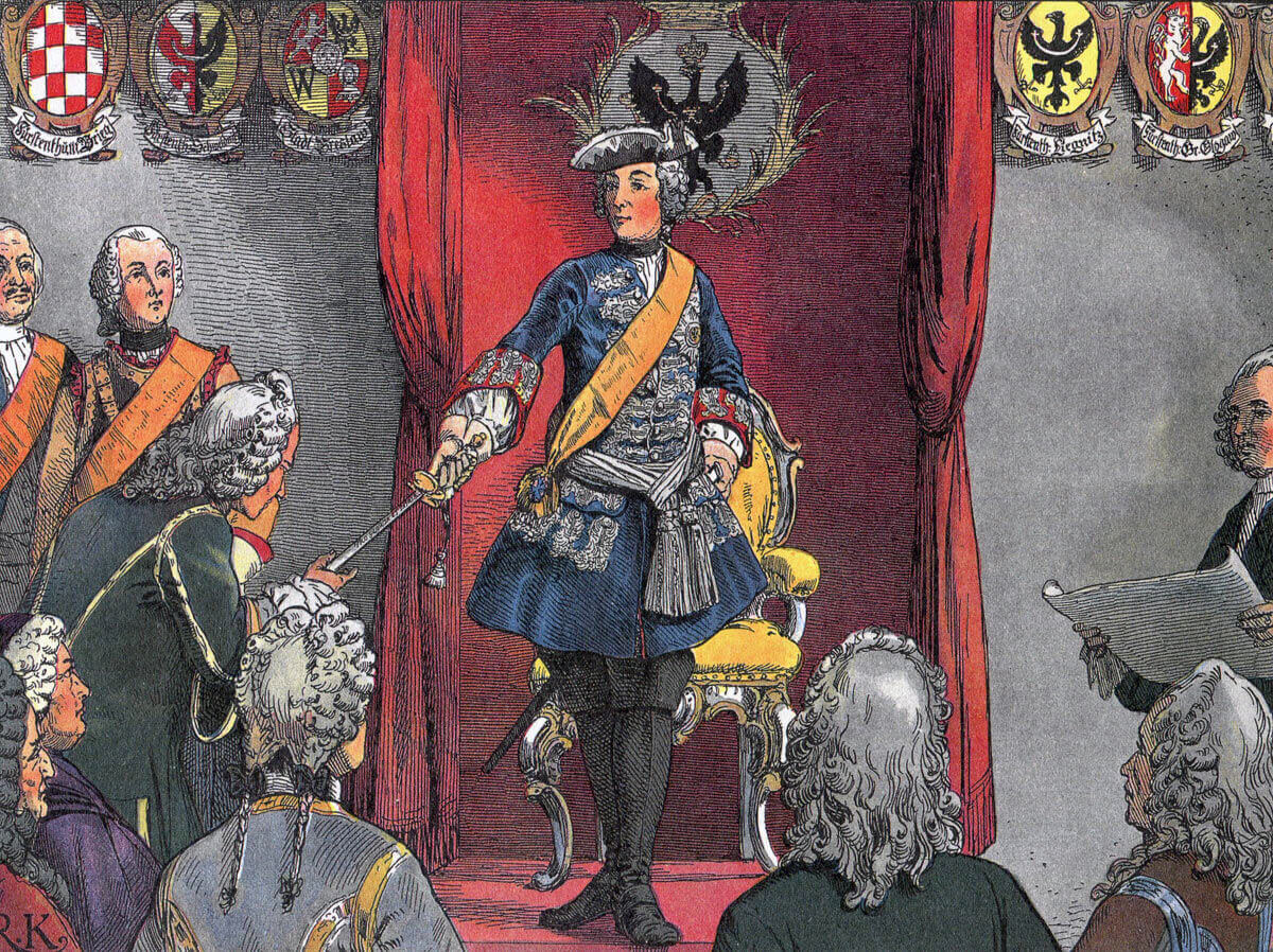 Frederick the Great presenting himself to the city council in Breslau: Battle of Chotusitz 17th May 1742 in the First Silesian War: picture by Carl Röhling