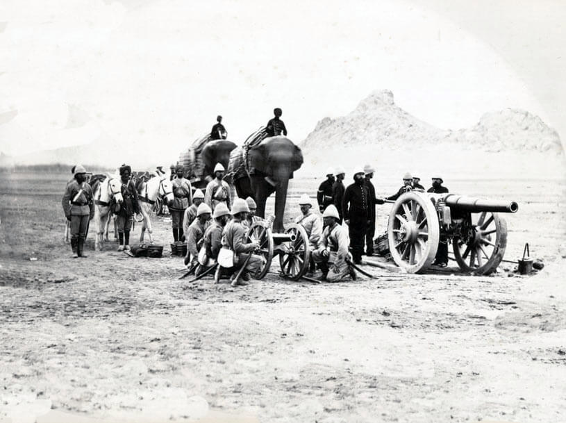 British Royal Artillery Elephant Battery with RBL 40 pounder Armstrong Gun and Mountain Battery with RML 7 Pounder gun: Battle of Ali Masjid on 21st November 1878 in the Second Afghan War