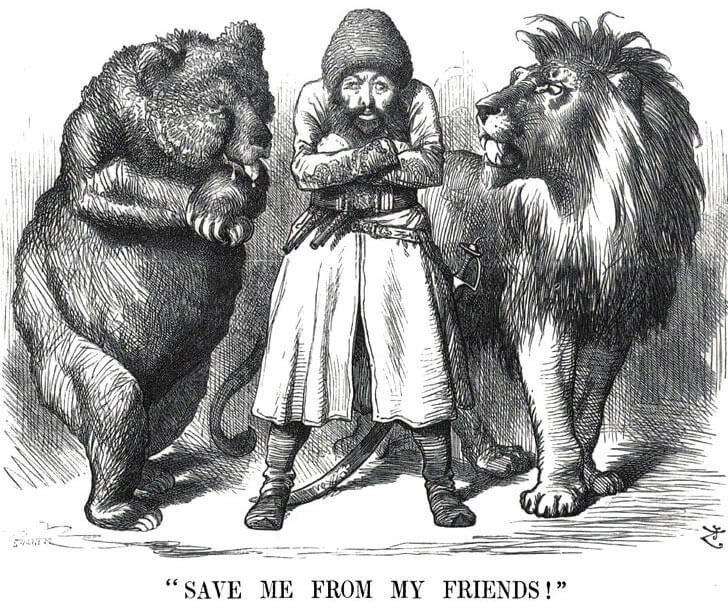 Cartoon showing Sher Ali, the Amir of Afghanistan, between the Russian Bear and the British Lion: Battle of Ali Masjid on 21st November 1878 in the Second Afghan War