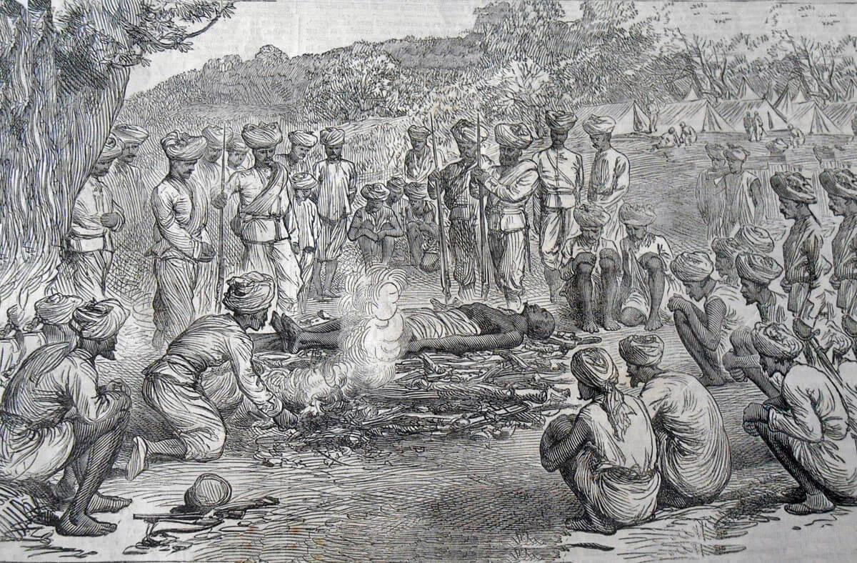 Hindu troops burning their dead after the Battle of Peiwar Kotal on 2nd December 1878 in the Second Afghan War