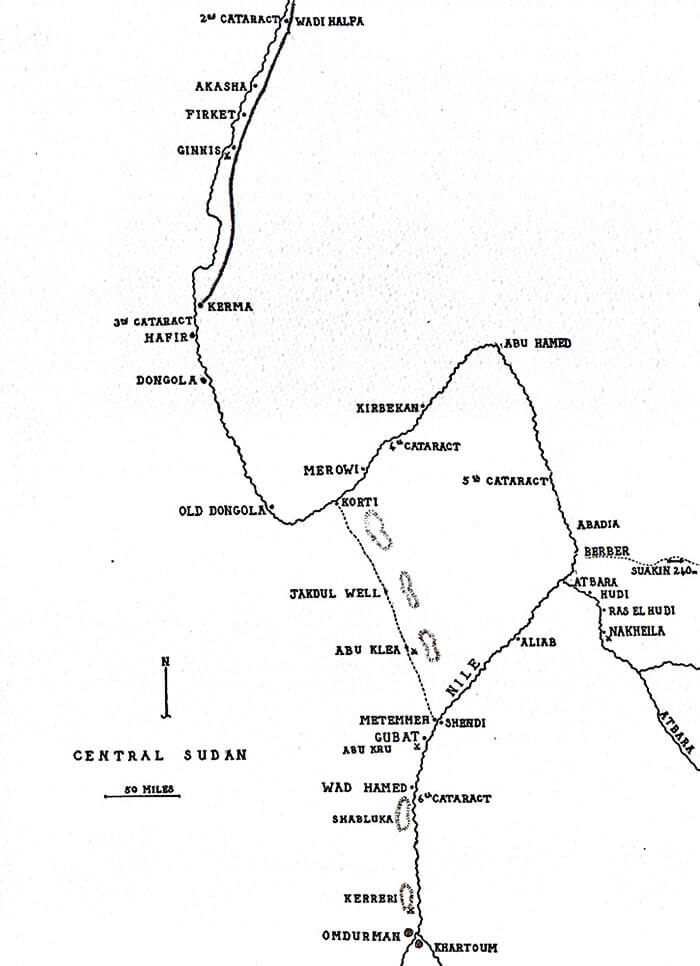 Map of the River Nile in the Sudan: Battle of Abu Klea on 17th January 1885 in the Sudanese War: map by John Fawkes