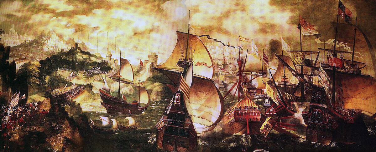 Allegorical representation of the Spanish Armada, June to September 1588, showing Queen Elizabeth I and her army watching the action off Portland Bill (the Queen was in London)