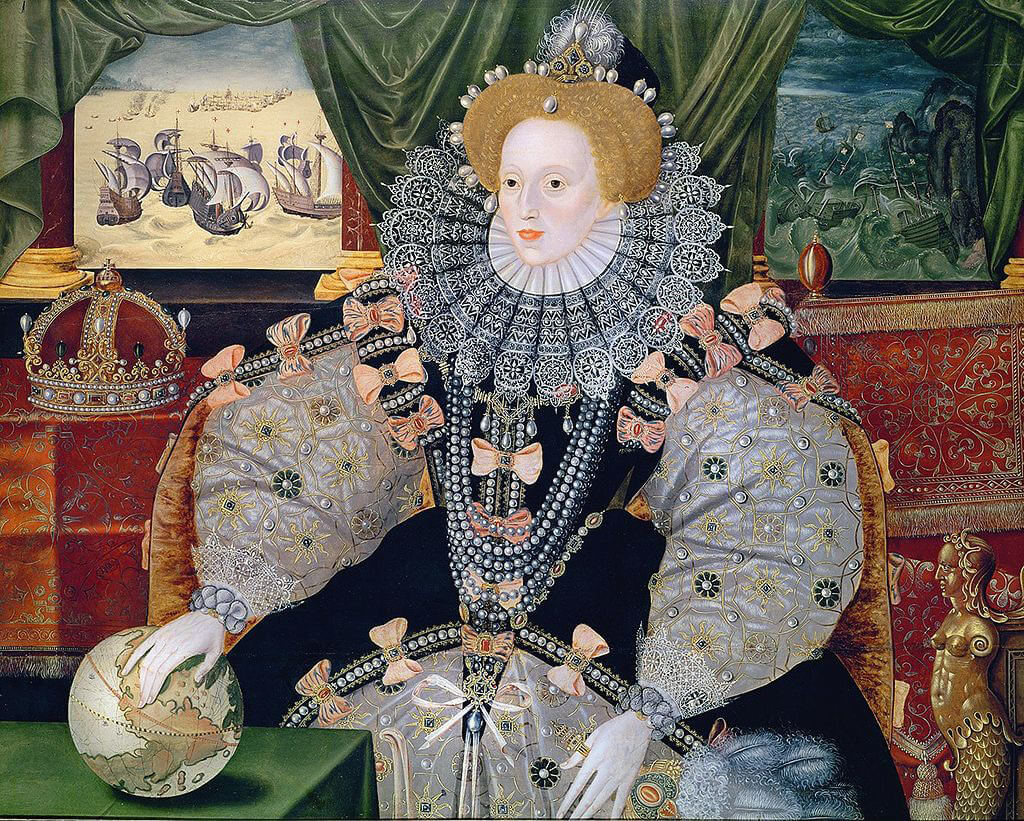 ‘Armada Portrait’ of Elizabeth I, Queen of England: the rival fleets appear top left: Philip II of Spain planned to depose her, calling her the “Heretic Queen”: Spanish Armada June to September 1588