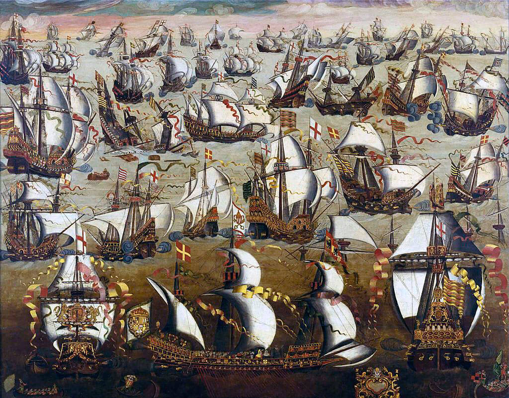 The English Fleet gives battle to the Spanish Armada: A Spanish galeas occupies the foreground, an English “race” galleon to her left and right. English ships carry the red cross of St George on a white background: Spanish Armada June to September 1588