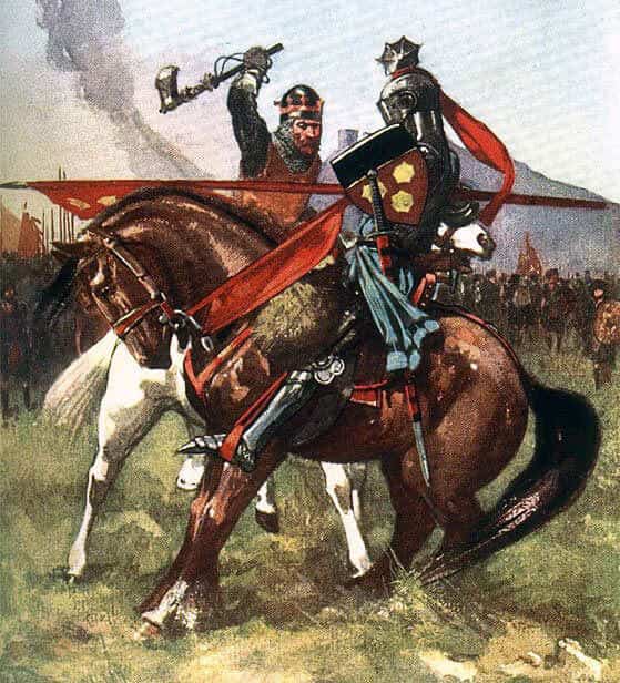 Robert de Bruce strikes and kills Sir Henry de Bohun with his axe in single combat before the Battle of Bannockburn on 23rd June 1314: picture by John Hassall