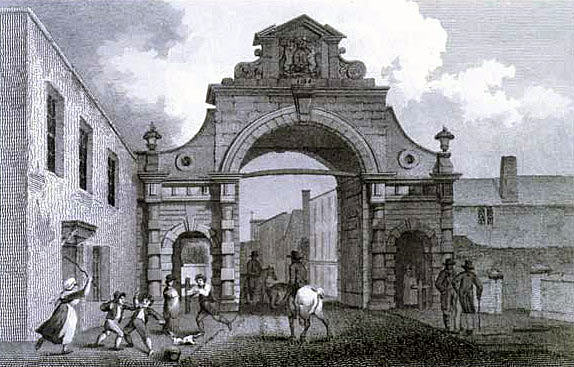 Temple Gate, attacked by the Cornish Army of Prince Maurice during the Storming of Bristol on 26th July 1643 in the English Civil War