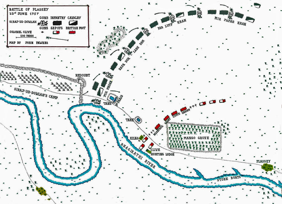 Map of the Battle of Plassey on 23rd June 1757 in the Anglo-French Wars in India: map by John Fawkes