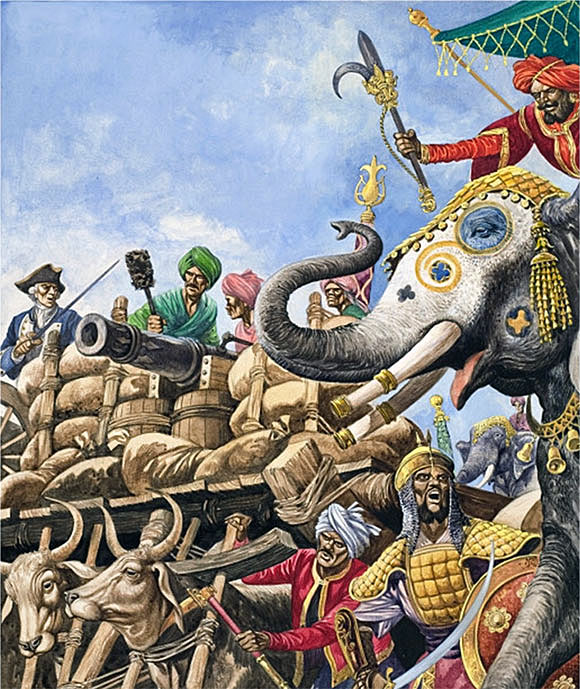 Suraj ud Daulah's guns advancing at the Battle of Plassey on 23rd June 1757 in the Anglo-French Wars in India: picture by Cecil Doughty
